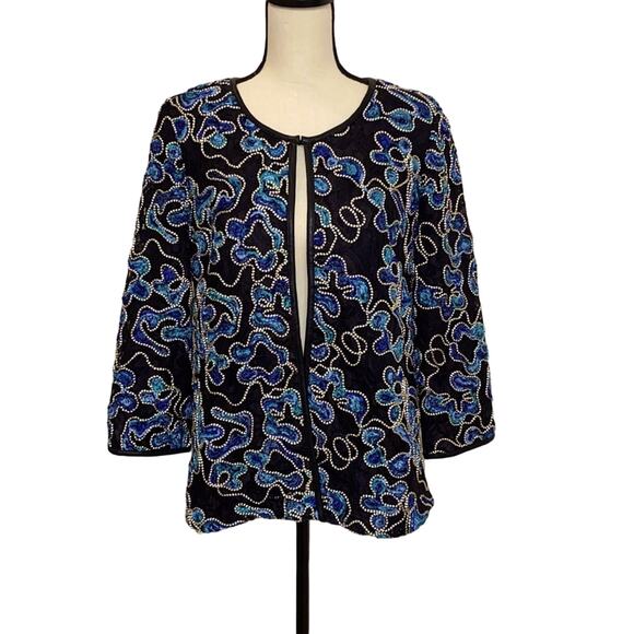 Dennis Basso Black and Blue Embroidered Soutache Jacket Size 10 - Picture 1 of 8